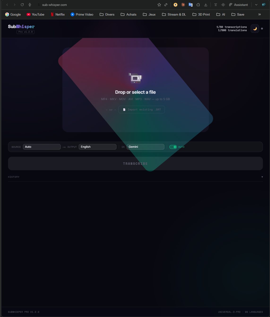 Drop or select a video file — MP4, MKV, MOV, AVI, MP3, WAV up to 5 GB