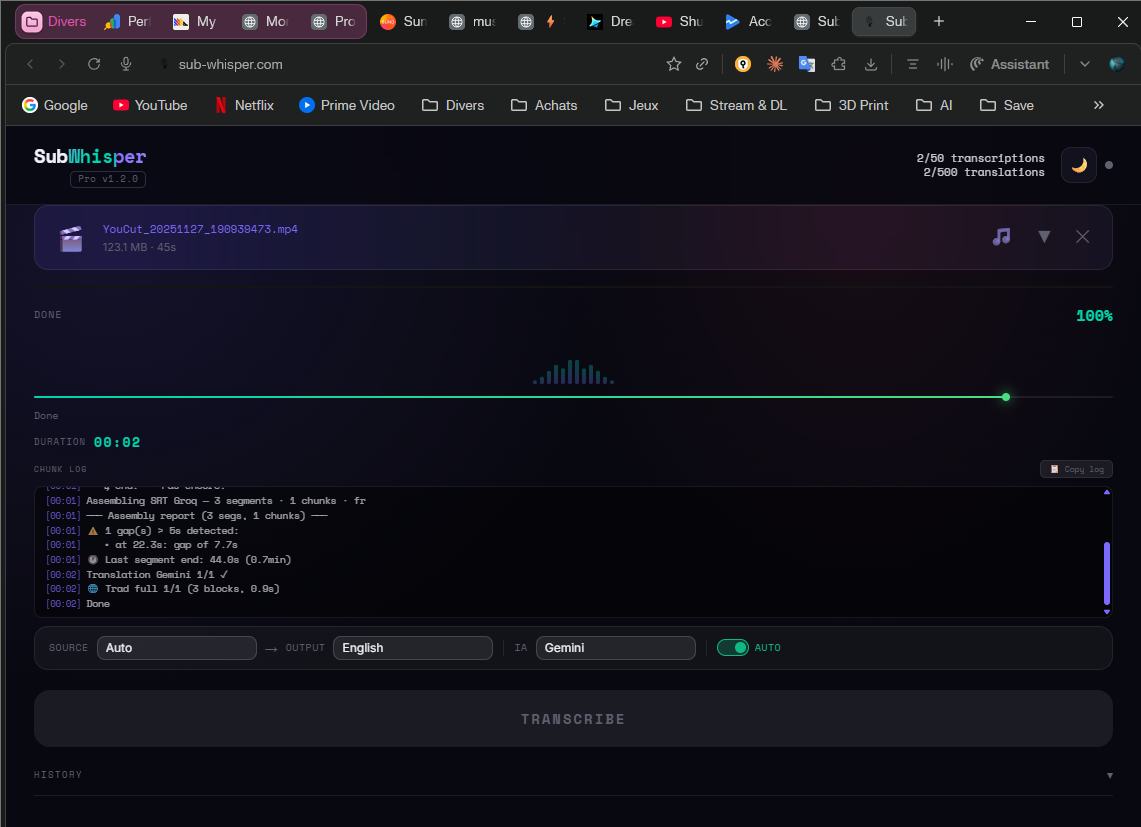 Transcription in progress with real-time chunk log
